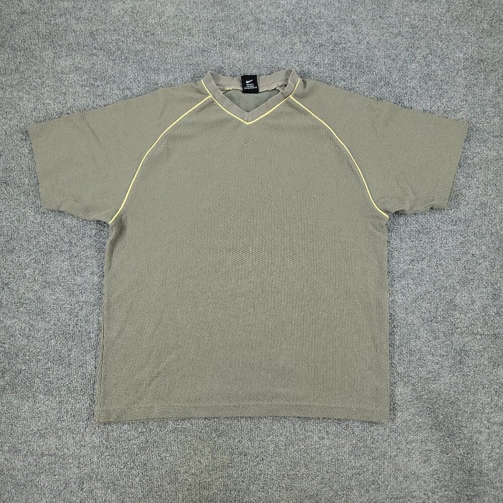 Nike Shirt Men's Large Green Logo V-Neck Short Sleeve Stretch Pullover Adult L